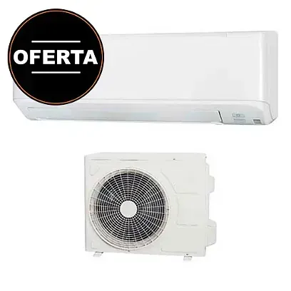 Aire acondicionado mural blanco con unidad exterior y distintivo de venta negro “OFERTA”.