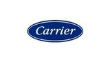 Logotipo de Carrier en blanco sobre un fondo ovalado azul.