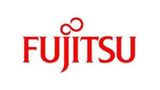 Logotipo de Fujitsu en texto rojo con un símbolo rojo estilizado encima sobre un fondo blanco.