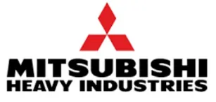 Logotipo de Mitsubishi Heavy Industries con emblema de tres diamantes rojos y texto negro.